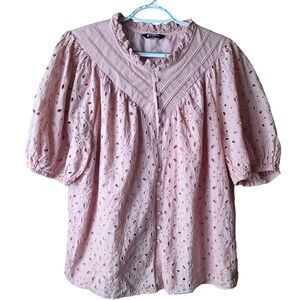 BTFBM XL Pink Eyelet Blouse Puff Sleeve Ruffle Neck Button Front Cotton Top